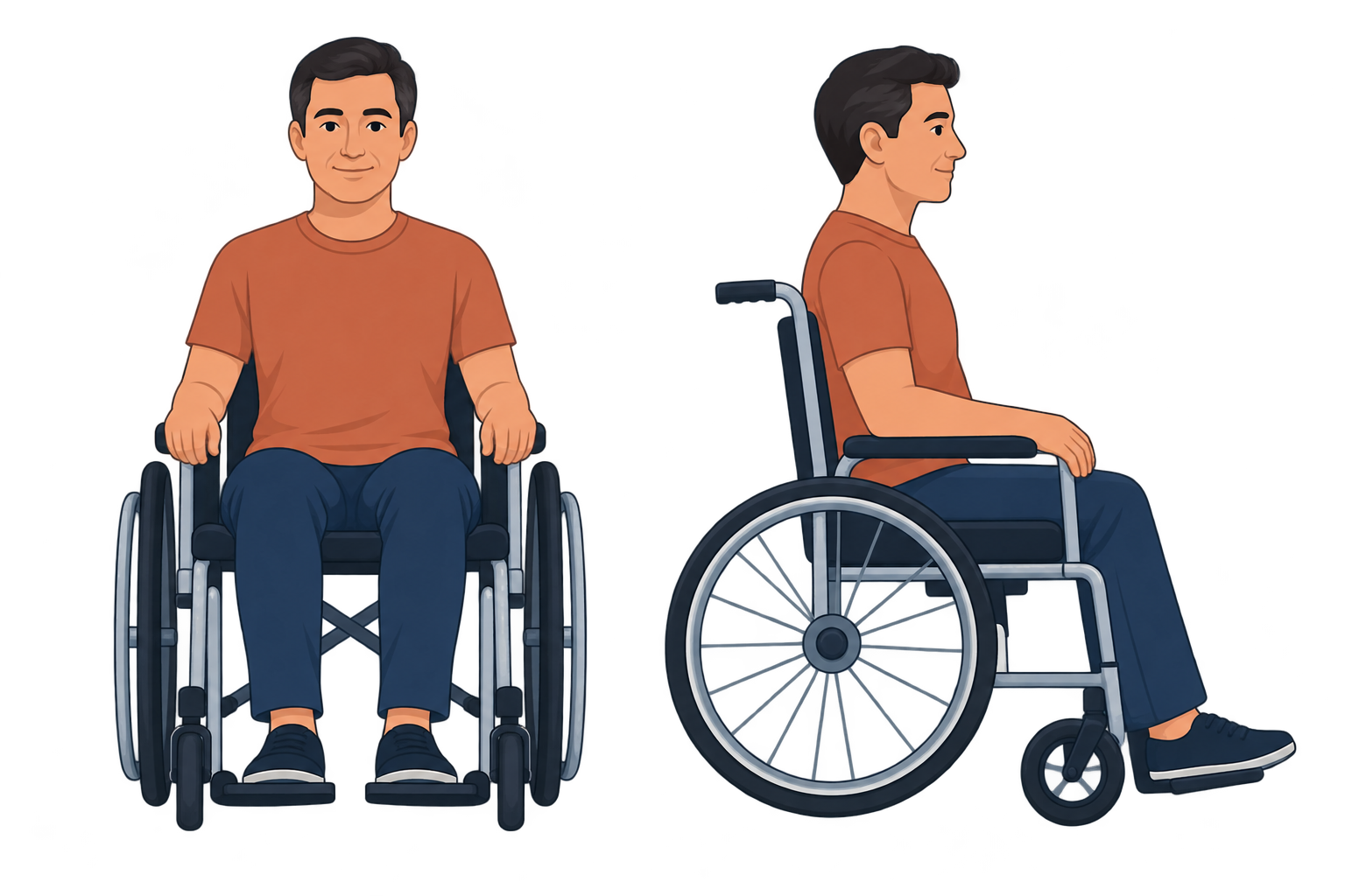 Front and side view of a person seated in a standard wheelchair